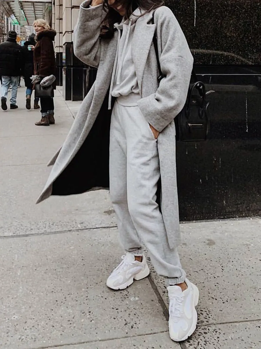 Pure Color Casual Hooded Pocket Suit