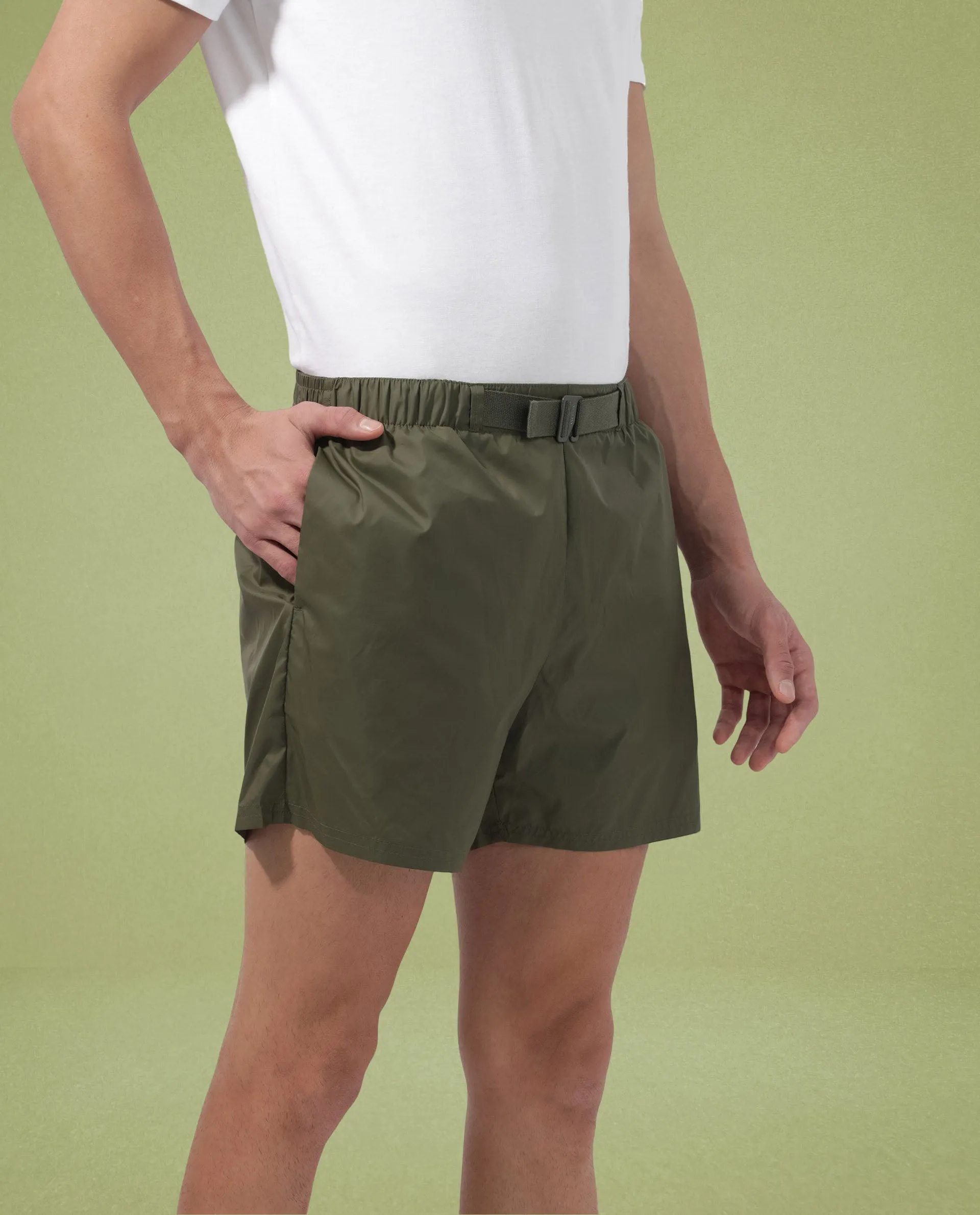 Rare Rabbit Men's Kort Green Polyester Fabric Buckle Fastening Regular Fit Solid Shorts