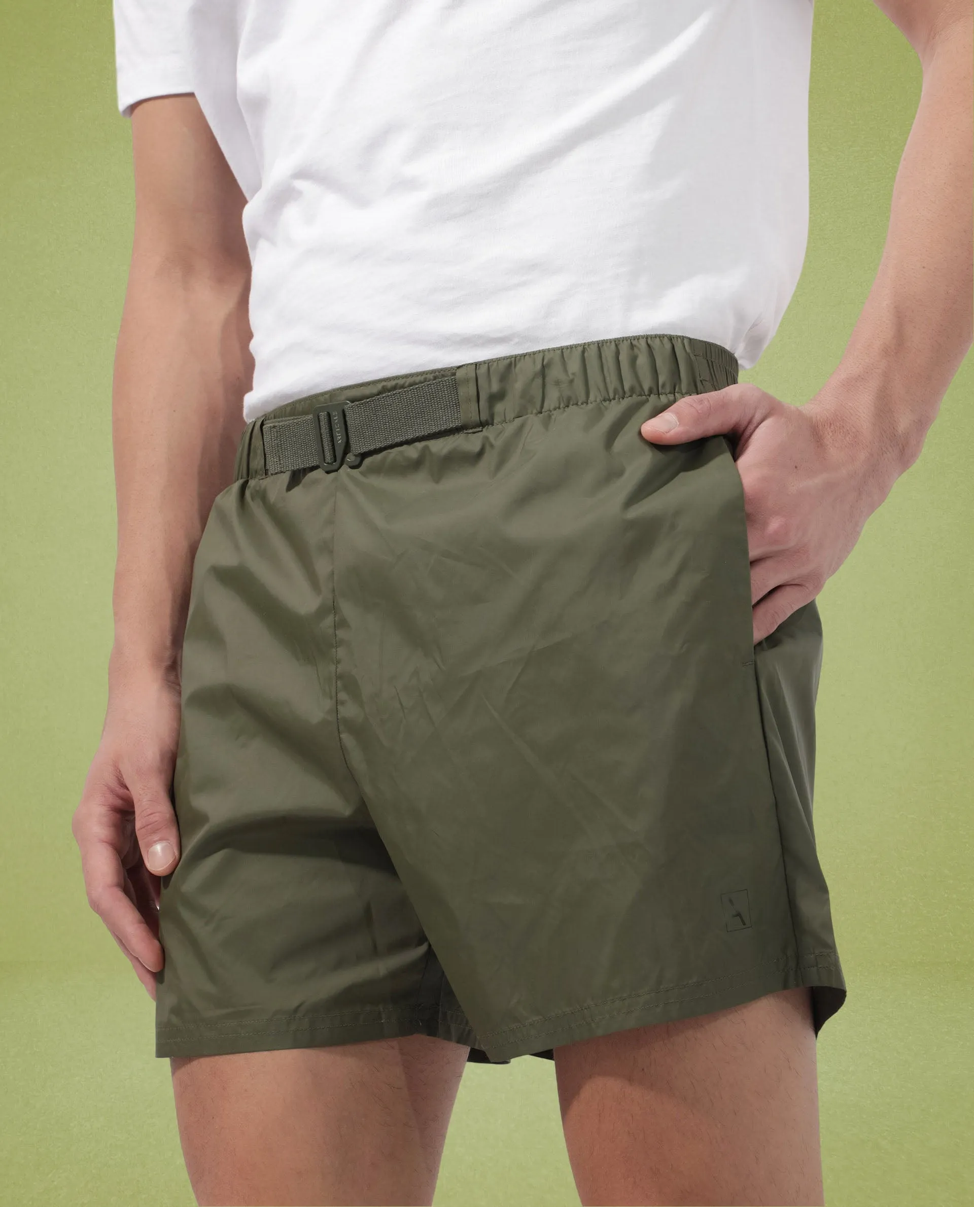 Rare Rabbit Men's Kort Green Polyester Fabric Buckle Fastening Regular Fit Solid Shorts
