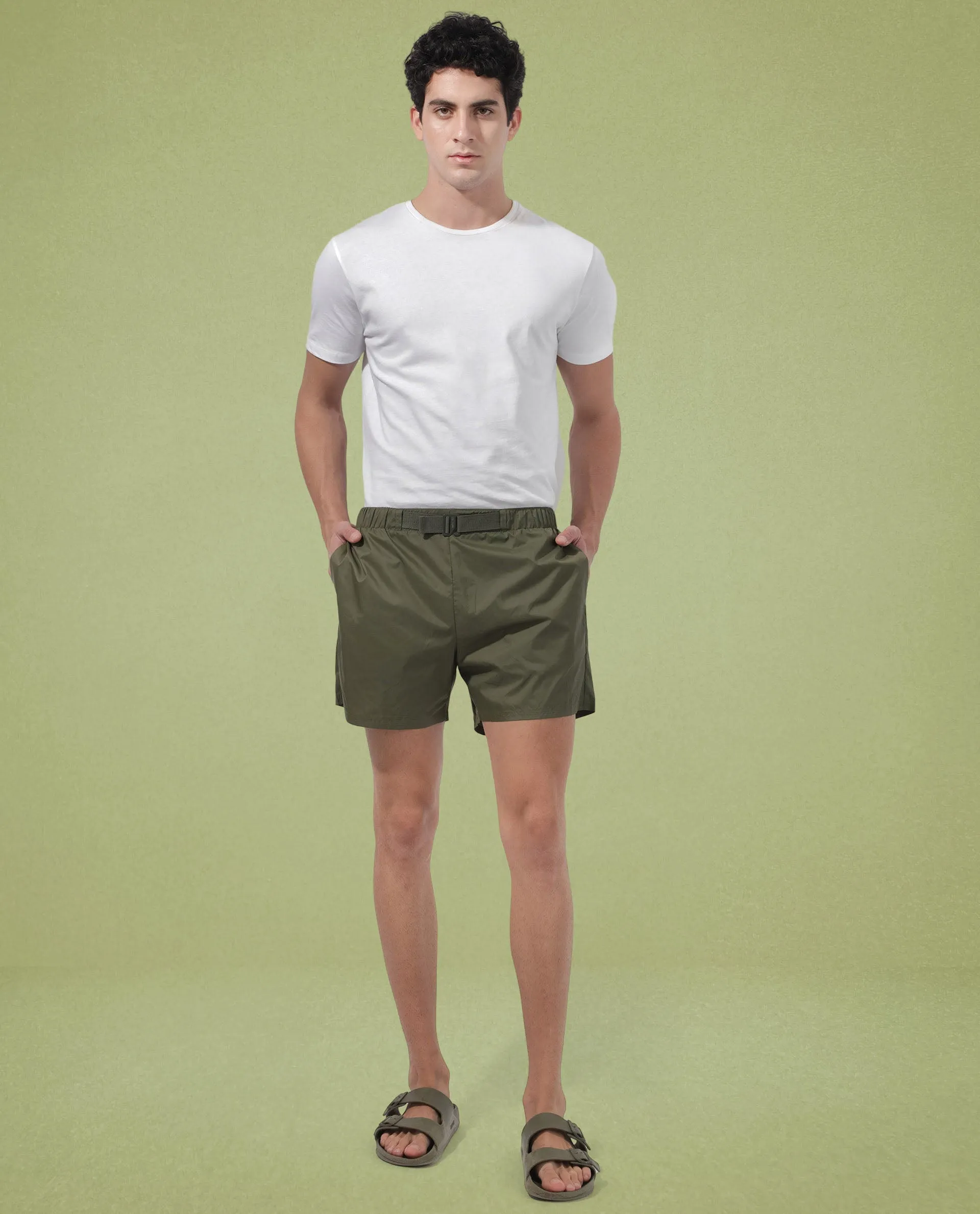 Rare Rabbit Men's Kort Green Polyester Fabric Buckle Fastening Regular Fit Solid Shorts