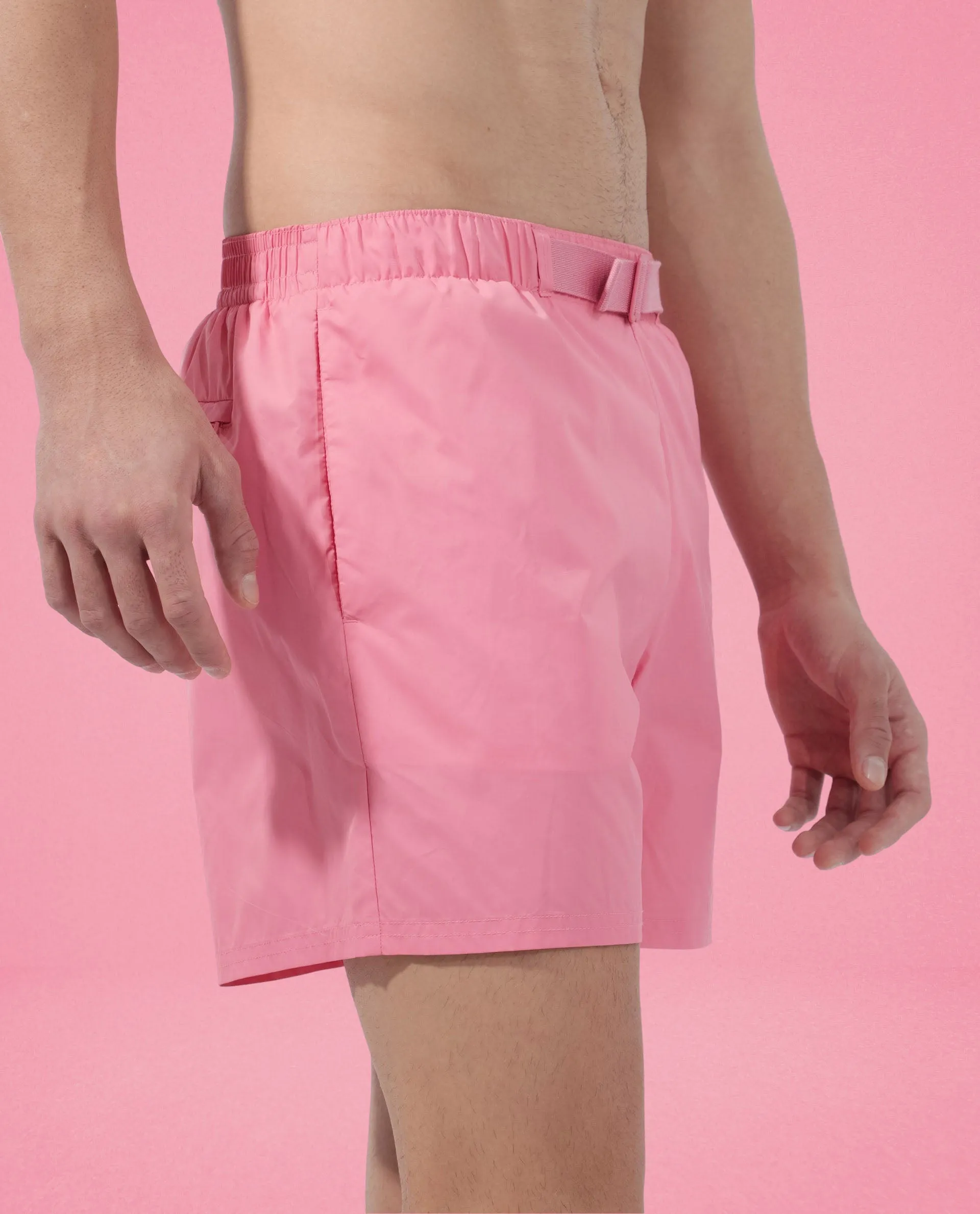 Rare Rabbit Men's Kort Light Pink Polyester Fabric Buckle Fastening Regular Fit Solid Shorts
