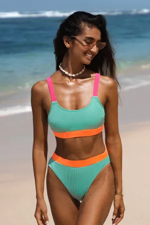 Rib Neon Colorblock Scoop Neck Top & Hipster Bikini Set