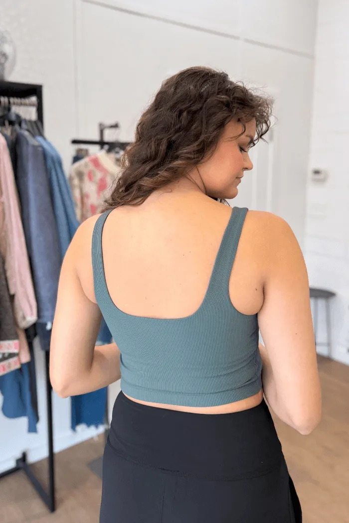 Ribbed Square Neck Cropped Tank in Green