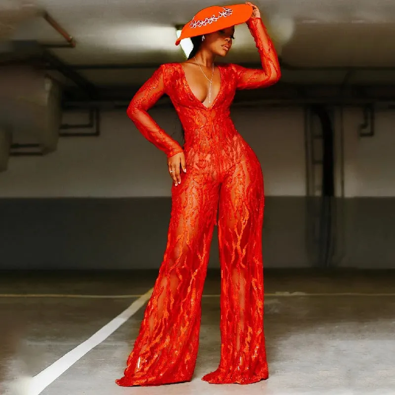 Sequin Deep V Bright Wide Leg Women Jump-Suits Wholesale Jumpsuit