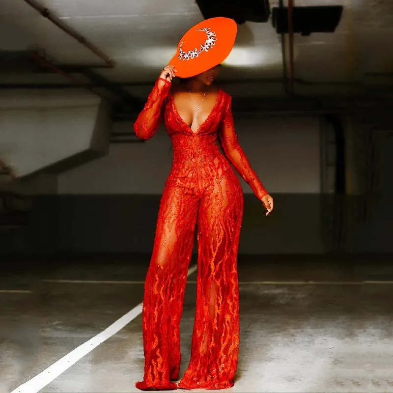 Sequin Deep V Bright Wide Leg Women Jump-Suits Wholesale Jumpsuit