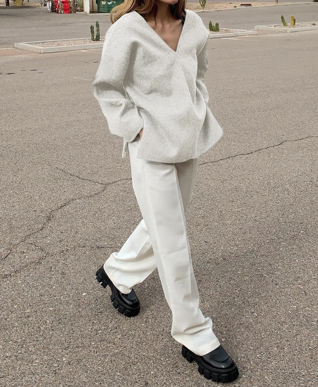 Solid Color V-Neck Long Sleeve Suit