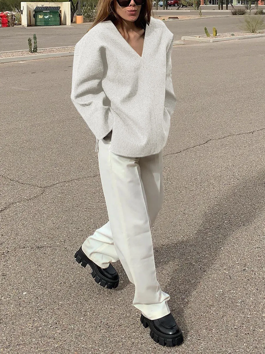 Solid Color V-Neck Long Sleeve Suit