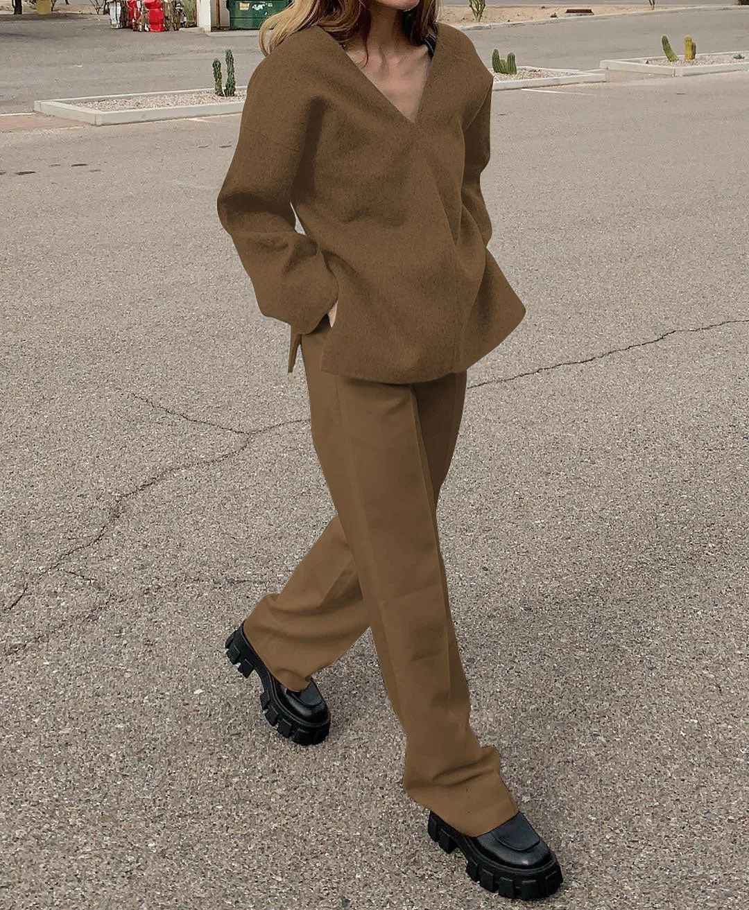 Solid Color V-Neck Long Sleeve Suit