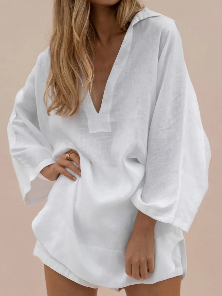 Solid Color V-Neck Loose Suit
