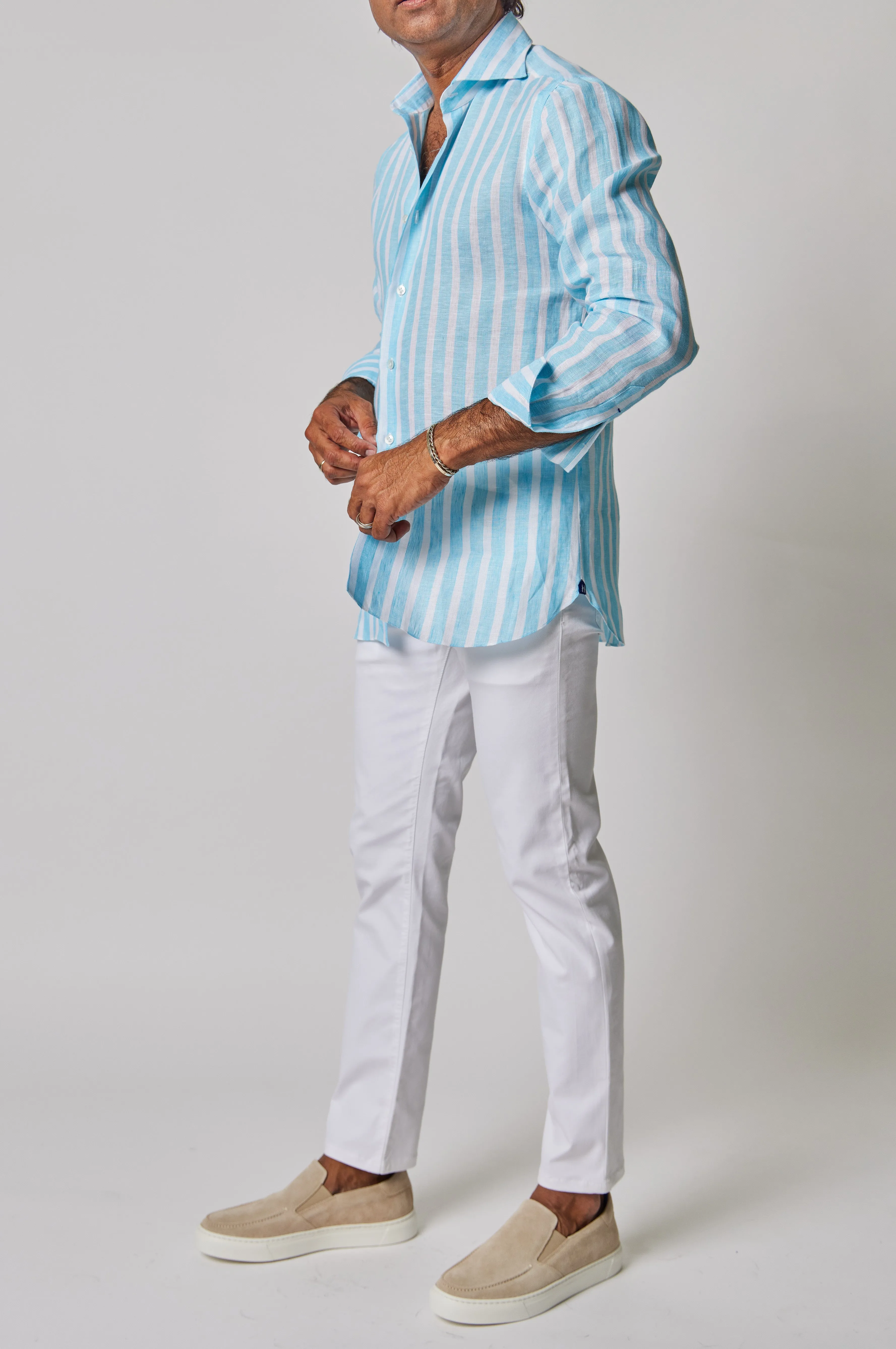 Striped Linen Button Down in Aqua