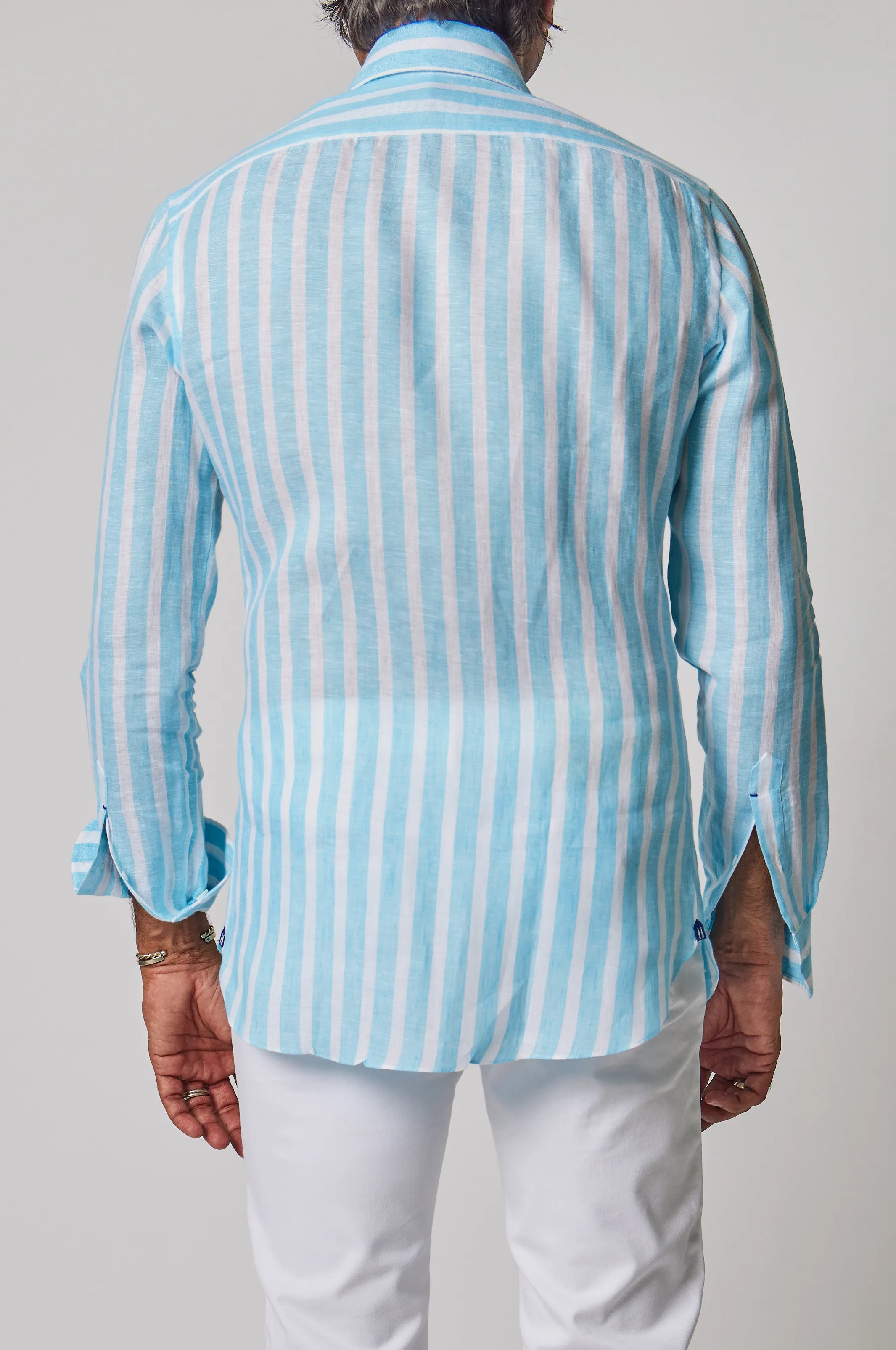 Striped Linen Button Down in Aqua