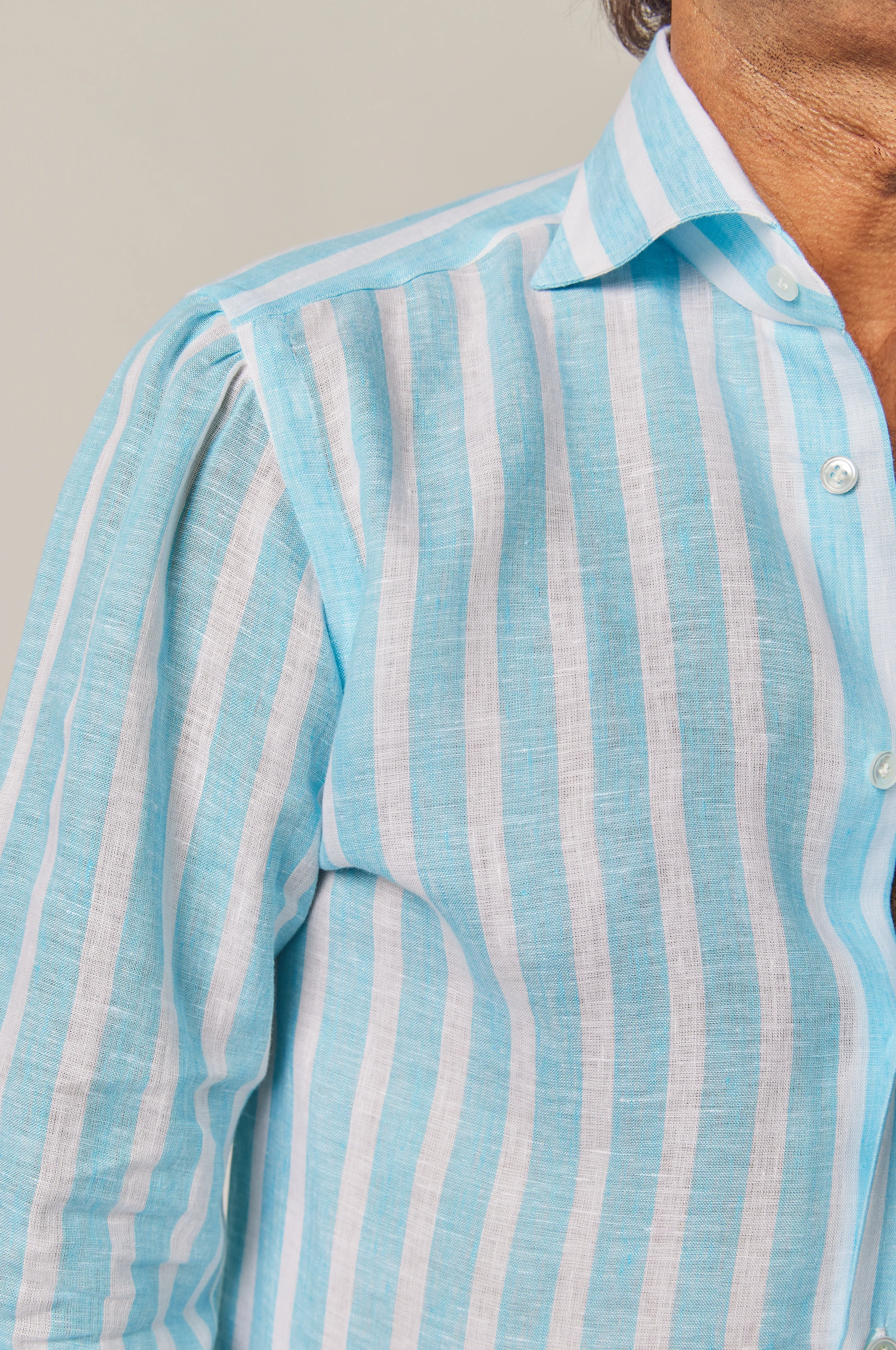 Striped Linen Button Down in Aqua