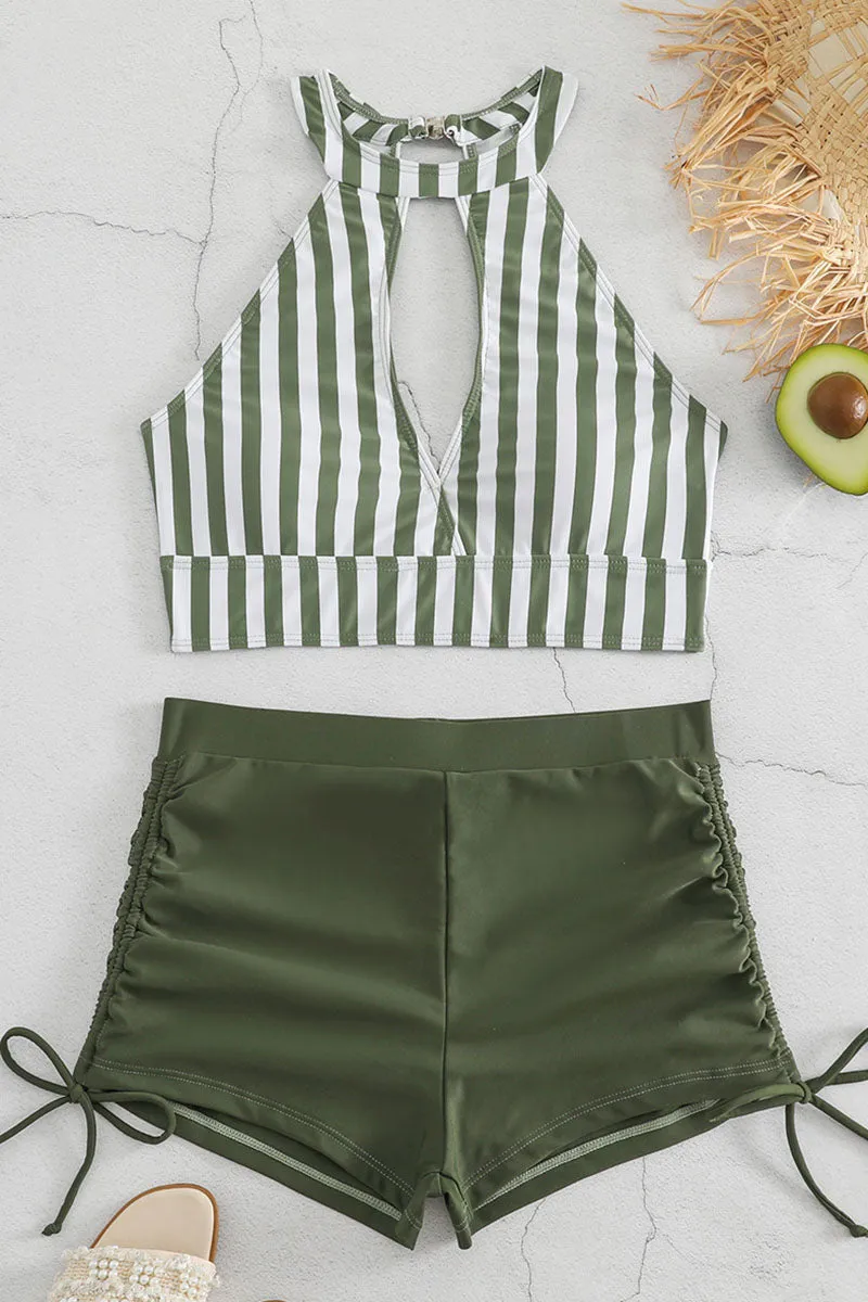 Striped Stylish Cutout High Waist Drawstring Bikini