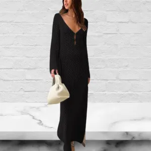 V-neck Crochet Open Knit Long Sleeve Maxi Dress