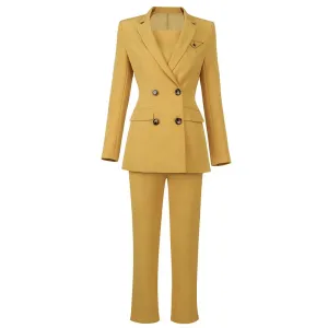 Women Yellow 3 Piece Casual Ready To Ship Fashion Double Breasted Suits