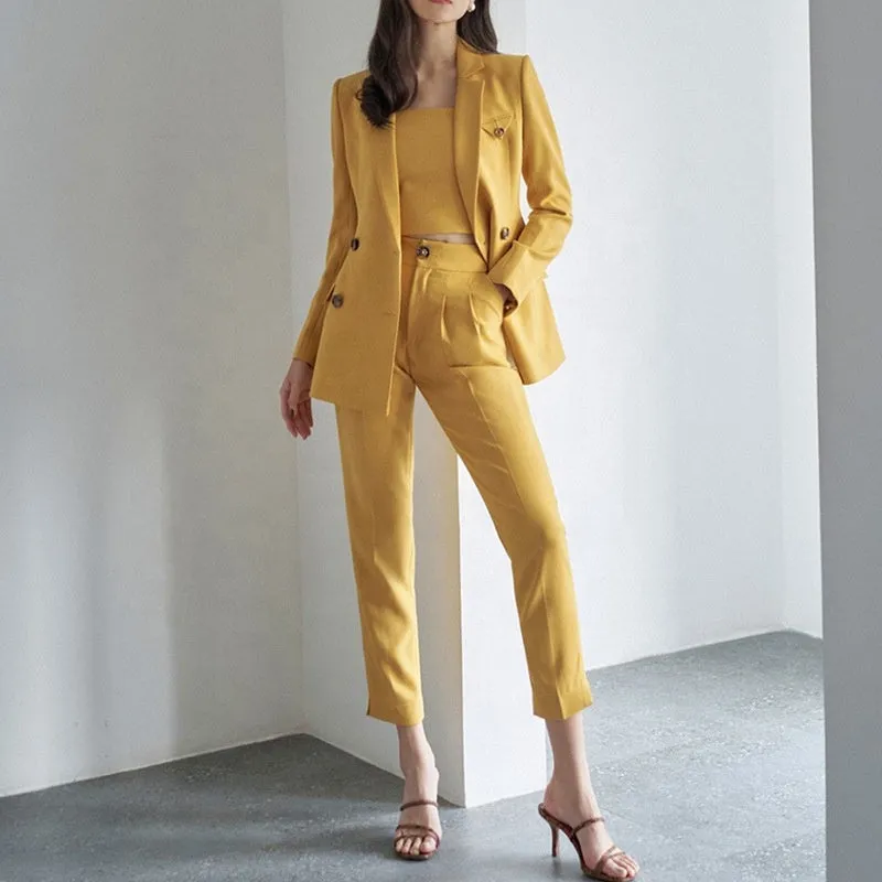 Women Yellow 3 Piece Casual Ready To Ship Fashion Double Breasted Suits