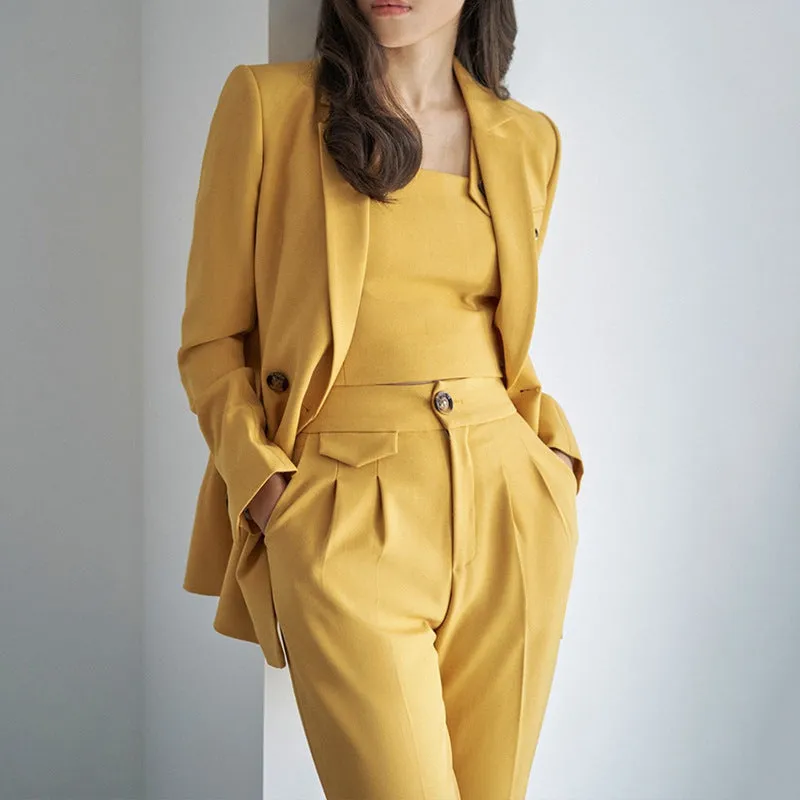 Women Yellow 3 Piece Casual Ready To Ship Fashion Double Breasted Suits