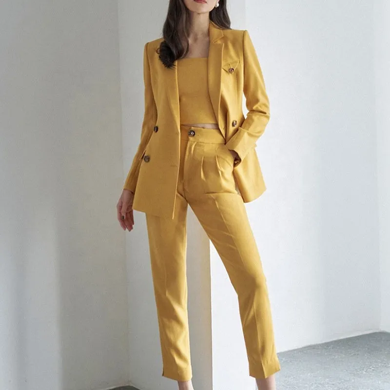 Women Yellow 3 Piece Casual Ready To Ship Fashion Double Breasted Suits