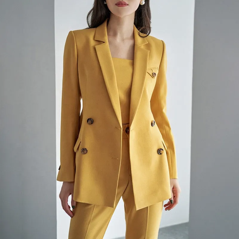 Women Yellow 3 Piece Casual Ready To Ship Fashion Double Breasted Suits