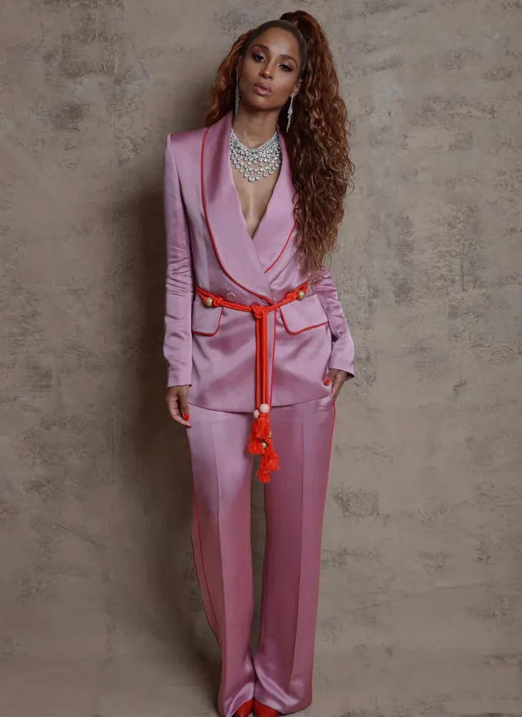ZCrave Art Tasseled Satin Blazer   Pants (Two-Piece Set) in Pink (As Worn by Ciara)