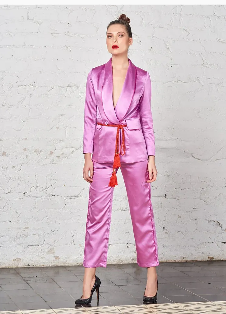ZCrave Art Tasseled Satin Blazer   Pants (Two-Piece Set) in Pink (As Worn by Ciara)