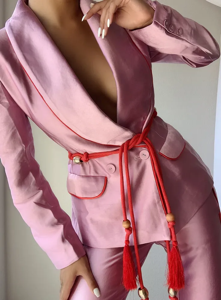 ZCrave Art Tasseled Satin Blazer   Pants (Two-Piece Set) in Pink (As Worn by Ciara)