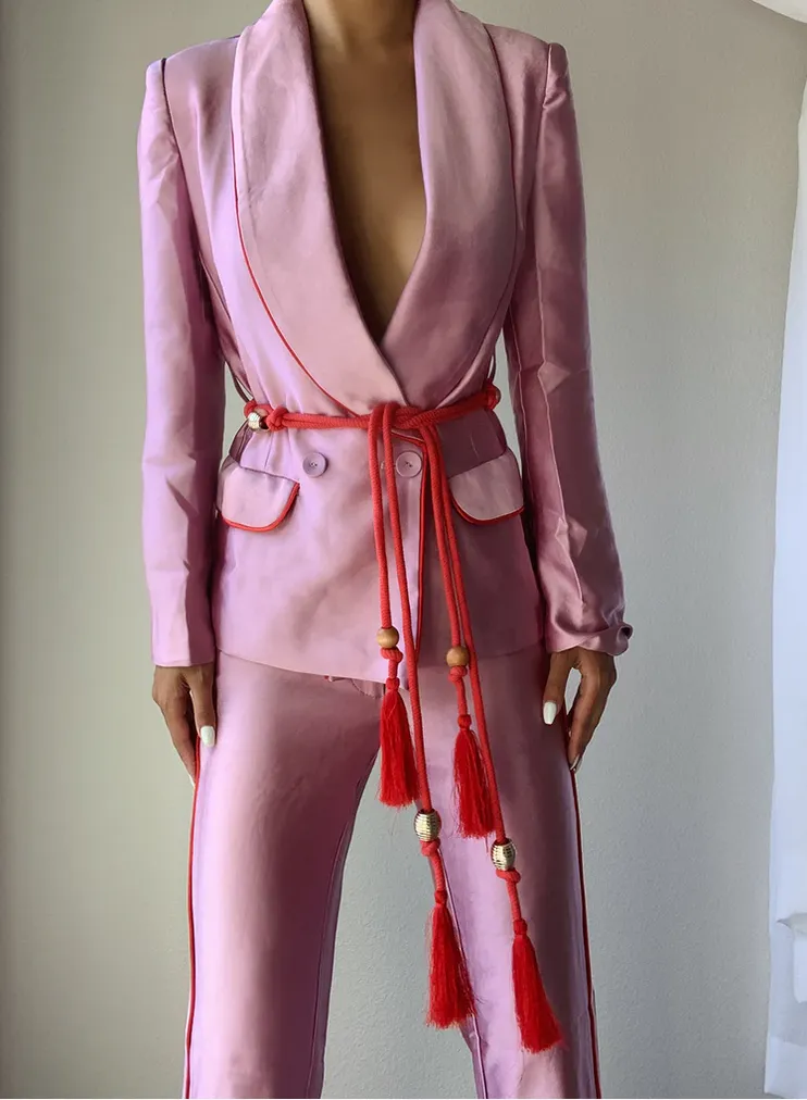 ZCrave Art Tasseled Satin Blazer   Pants (Two-Piece Set) in Pink (As Worn by Ciara)